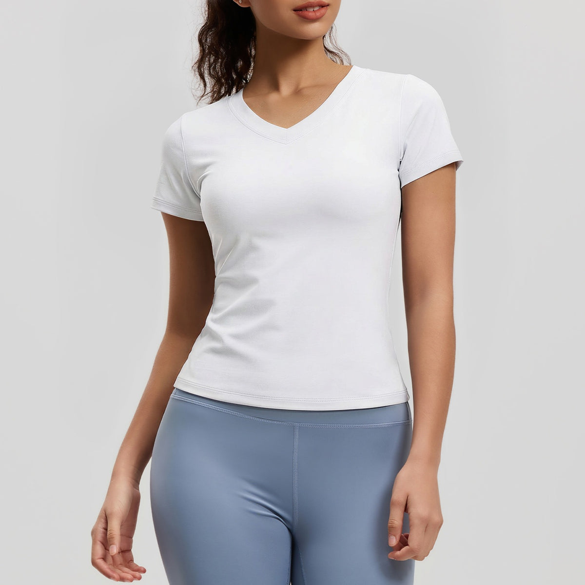 Peach Basic V-neck Short Sleeve Sports Top, Breathable Slim-fit Yoga Shirt For Fitness And Running – Premium 4 | RICALOUX