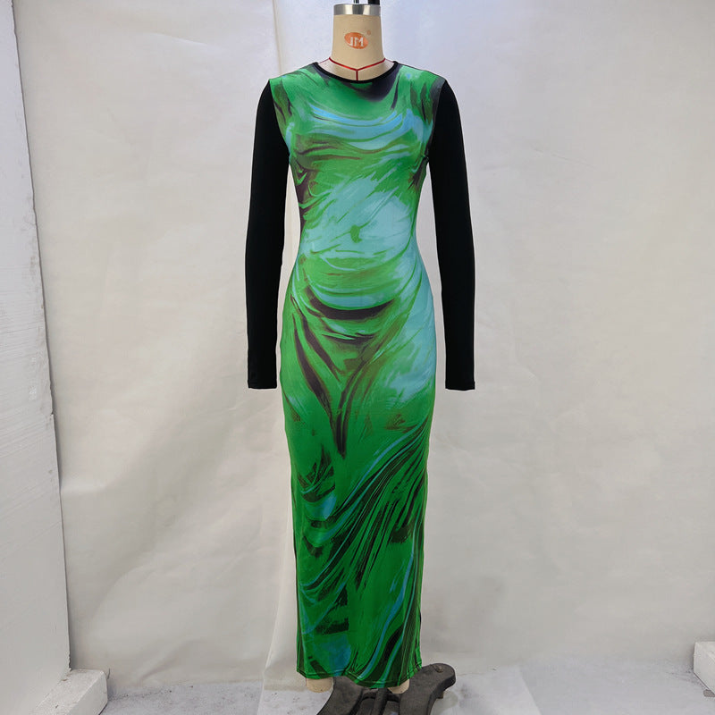 Round-neck Printed Long-sleeve Waist-cinching Sheath Dress by Ricaloux