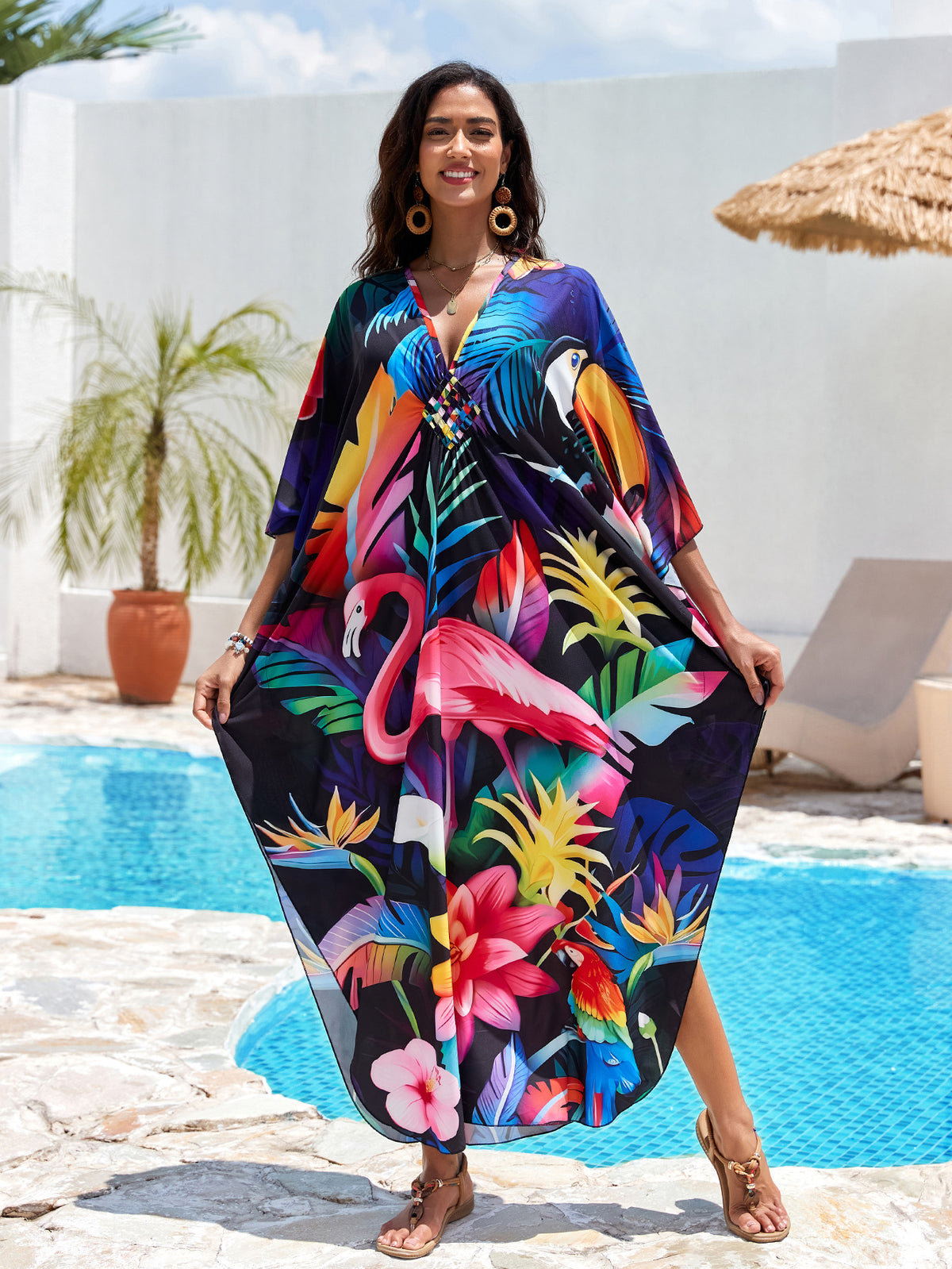 Printed Beach Cover-up Hand-knitted V-neck Plus-size Dress by Ricaloux