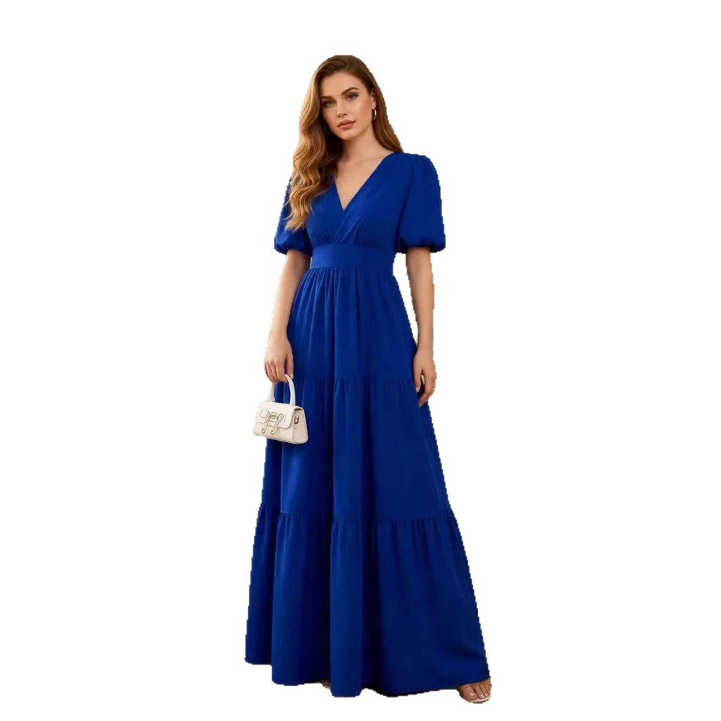 Solid-color Short-sleeve High-waisted Long Dress For Women by Ricaloux