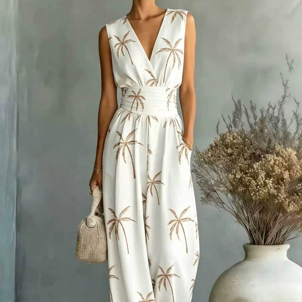 European And American-style Deep V-neck Sleeveless Printed Jumpsuit – Premium 0 | RICALOUX