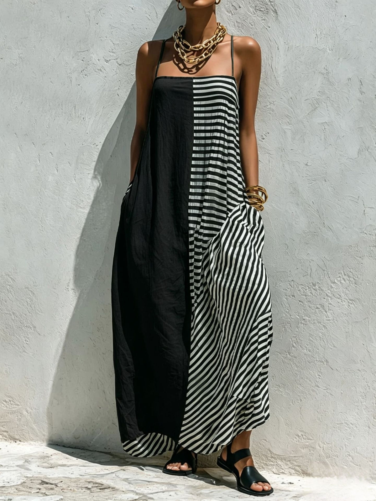 Printed Striped Strap Sleeveless Long Dress by Ricaloux