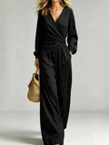 Women's 2-Piece Outfit - V-Neck Long Sleeve Wrap Blouse & Wide Leg Pants Set, Elegant Casual Pocketed Matching Set – Premium 4 | RICALOUX
