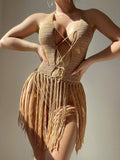 Knitted Strap Design Tassel Backless Bikini Skirt by Ricaloux