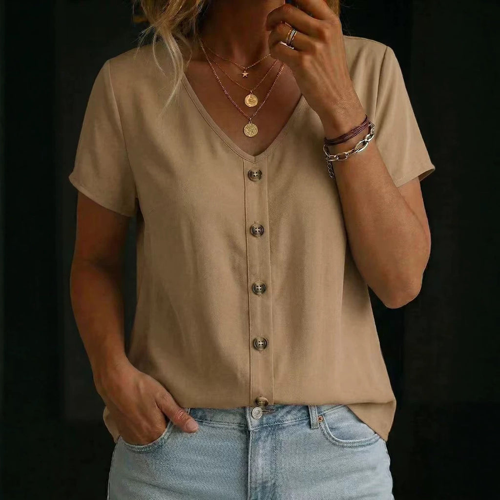 Solid-color Short-sleeve Crew-neck T-shirt Top by Ricaloux