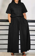 Womens Fashionable Loose Casual Solid-Color Two-Piece Set Short-Sleeve Top And Wide-Leg Long Pants – Premium 0 | RICALOUX