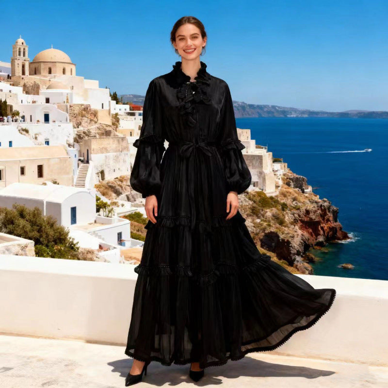Pearl-trimmed Ruffled Flounce Solid-color Long Dress by Ricaloux