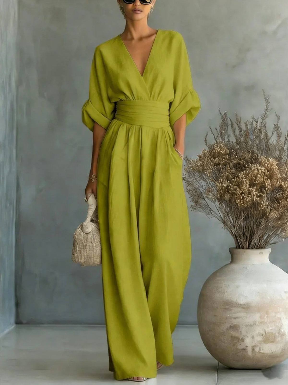 Summer Short-sleeved Jumpsuit Fashion Casual V-Neck Wide-Leg Pants Womens Clothing by Ricaloux