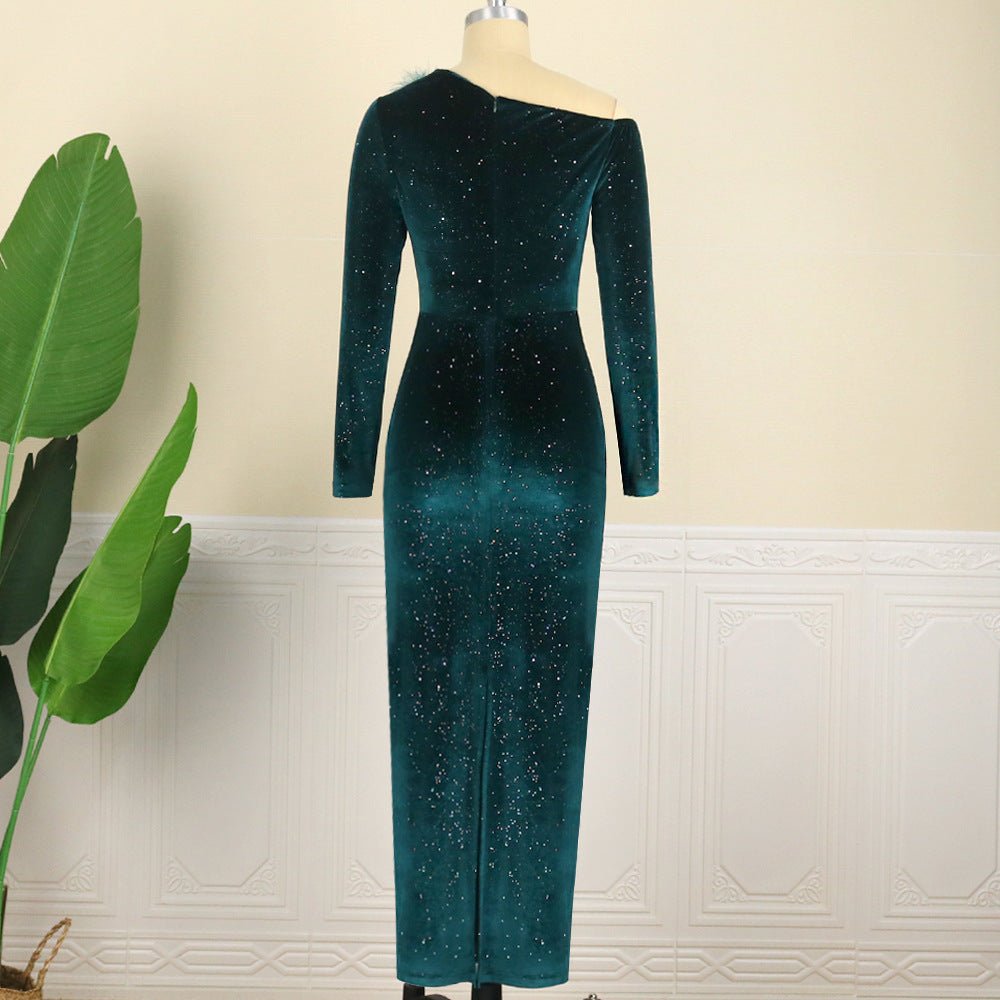 One-shoulder Long-sleeved Sequin Party Banquet Dress Velvet Large Women's Dress - RICALOUX