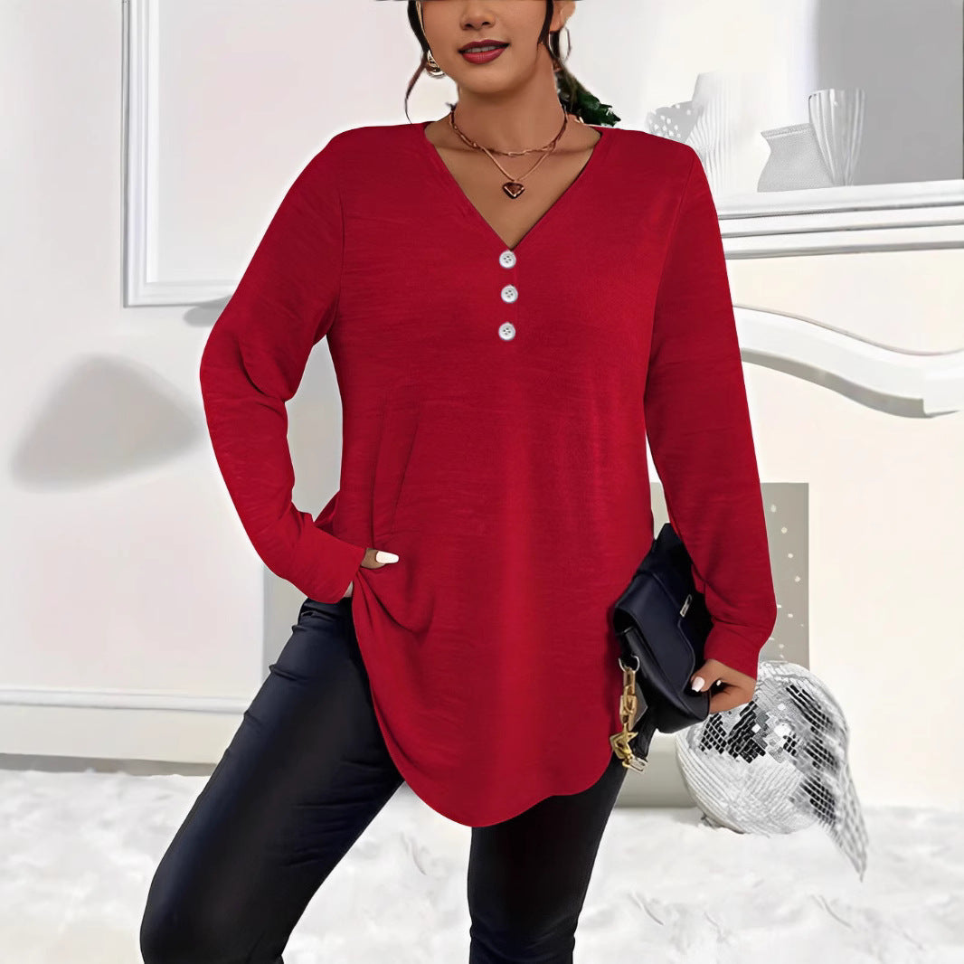 Womens Plus-Size Solid-Color Long-Sleeve Top With Buttons – Premium 0 | RICALOUX