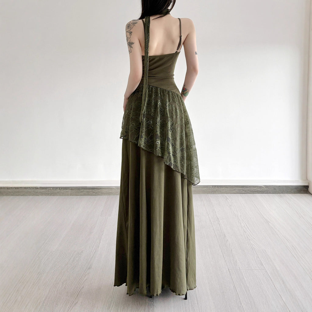 Retro-style Lace-panel V-neck Slip Dress by Ricaloux