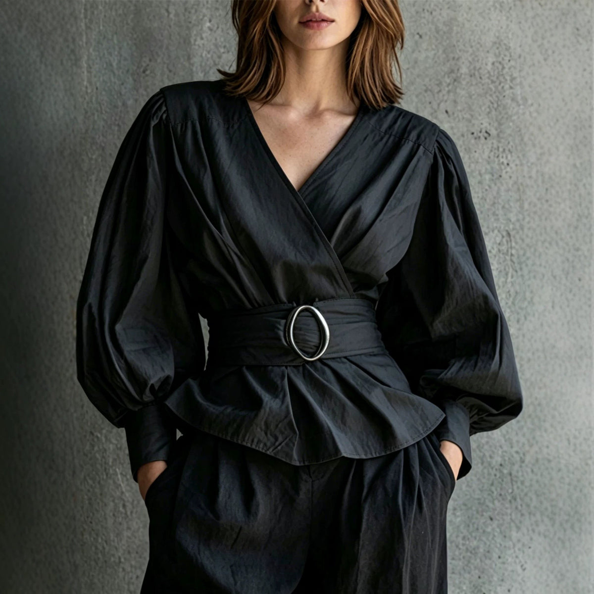 Womens V-neck Blouse With Ruffled Cuffs And Puff Sleeves – Premium 0 | RICALOUX