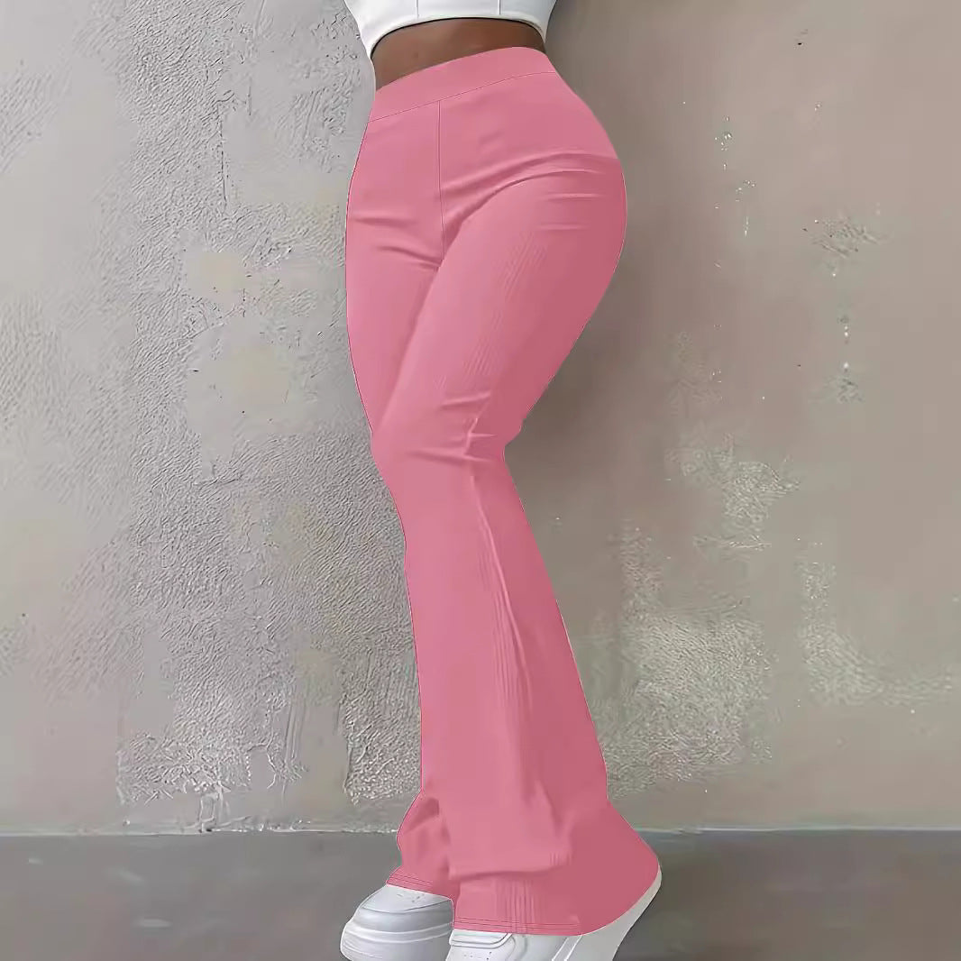 Womens Casual Simple Stylish Slim-Fit Ribbed Solid-Color High-Waisted Trousers by Ricaloux