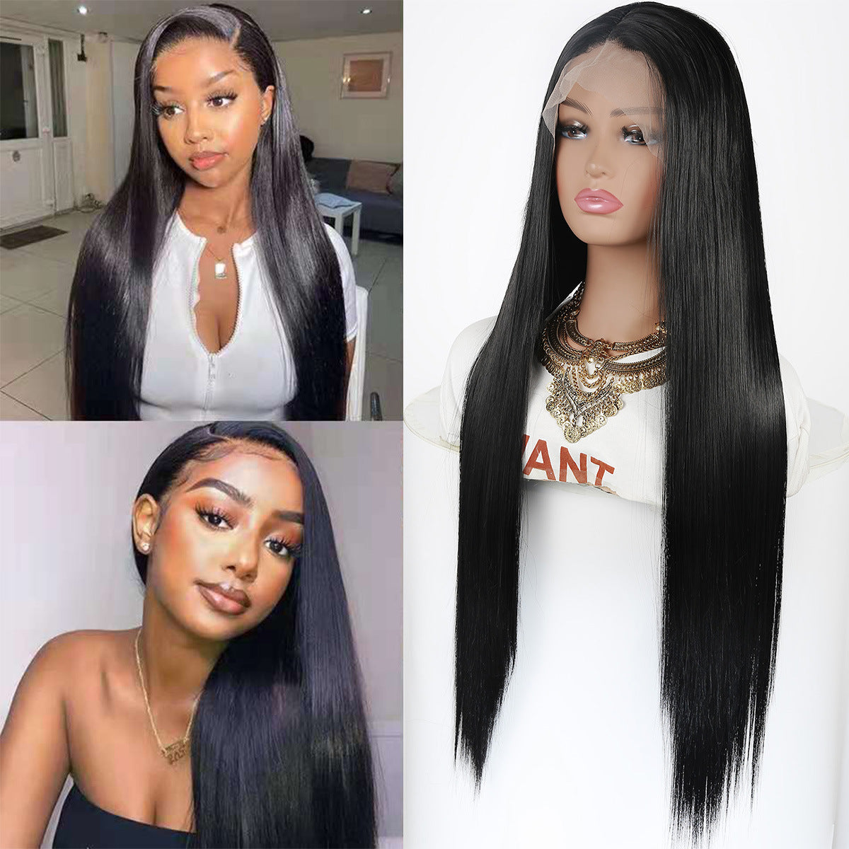 Mid-length Straight Hair Hand-woven Front Lace Synthetic Wigs by Ricaloux