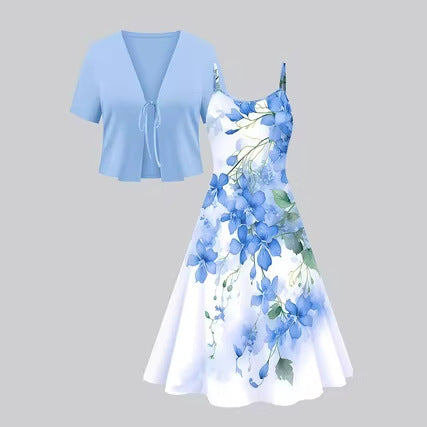Two-piece V-neck Slip Dress With Digital Print by Ricaloux