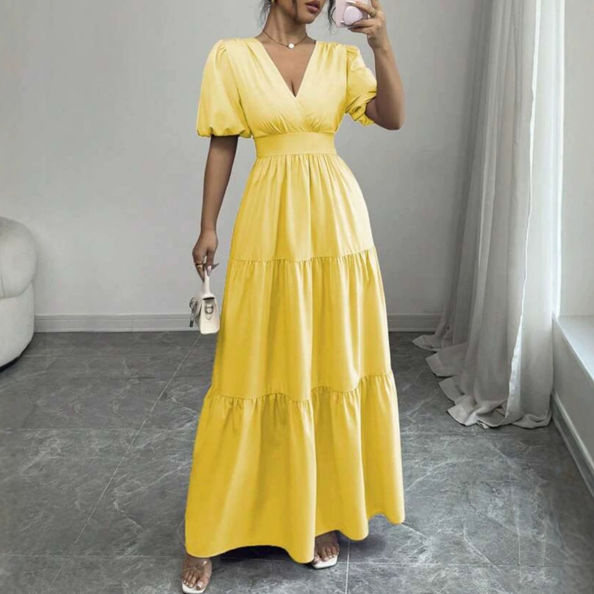 Solid-color Short-sleeve High-waisted Long Dress For Women by Ricaloux