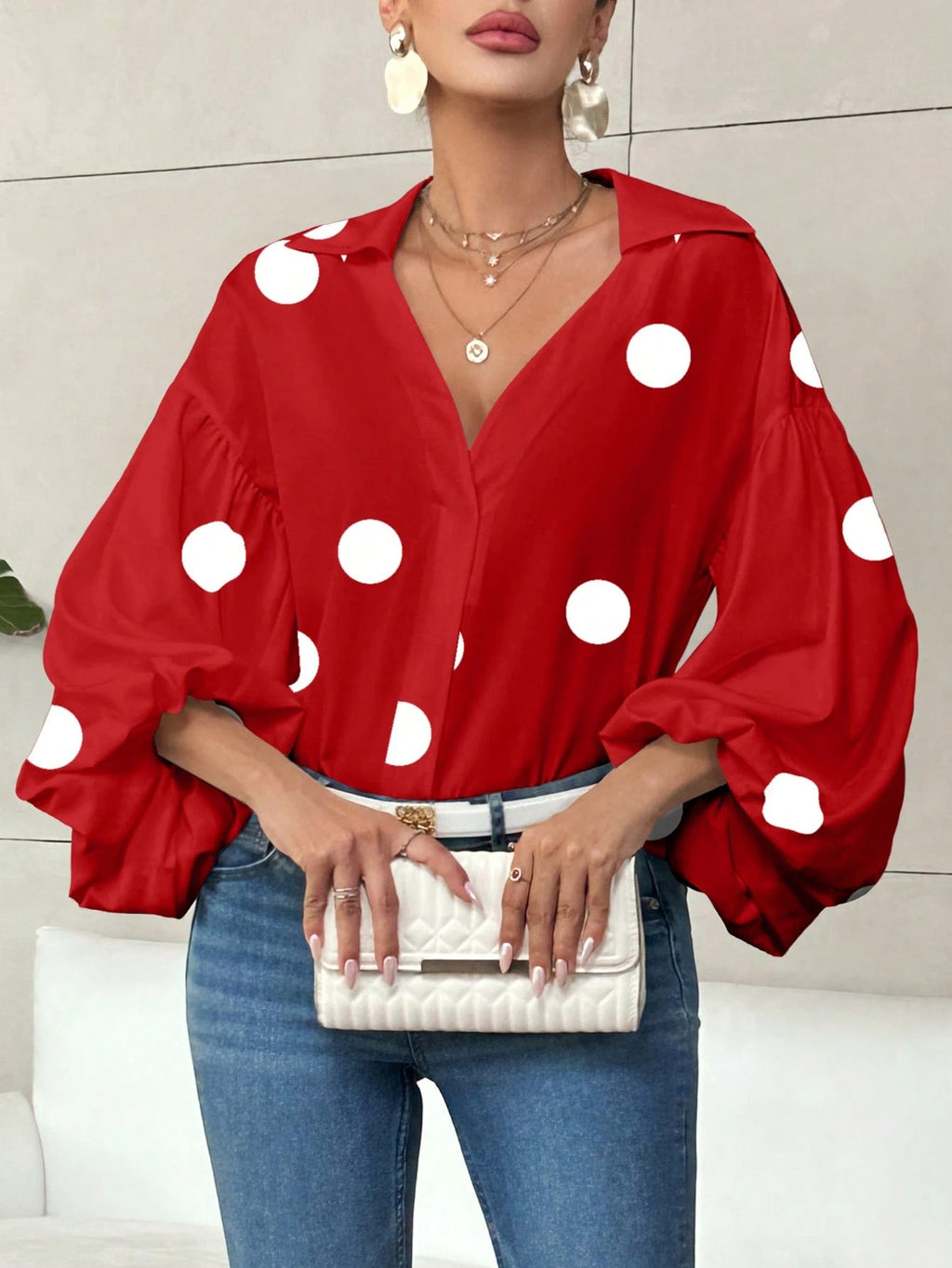 Niche Fashionable French Polka Dot Half-open Collar Design Loose Bubble Long Sleeve Top - RICALOUX