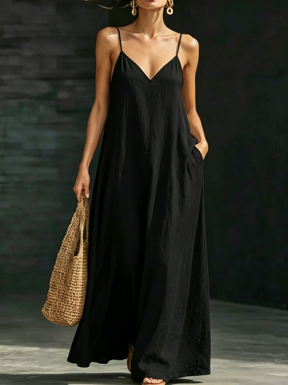 Summer V-Neck Spaghetti Strap Flowy Maxi Dress - Casual Fashion Solid Color Long Dress For Women Vaction Dress – Premium 4 | RICALOUX