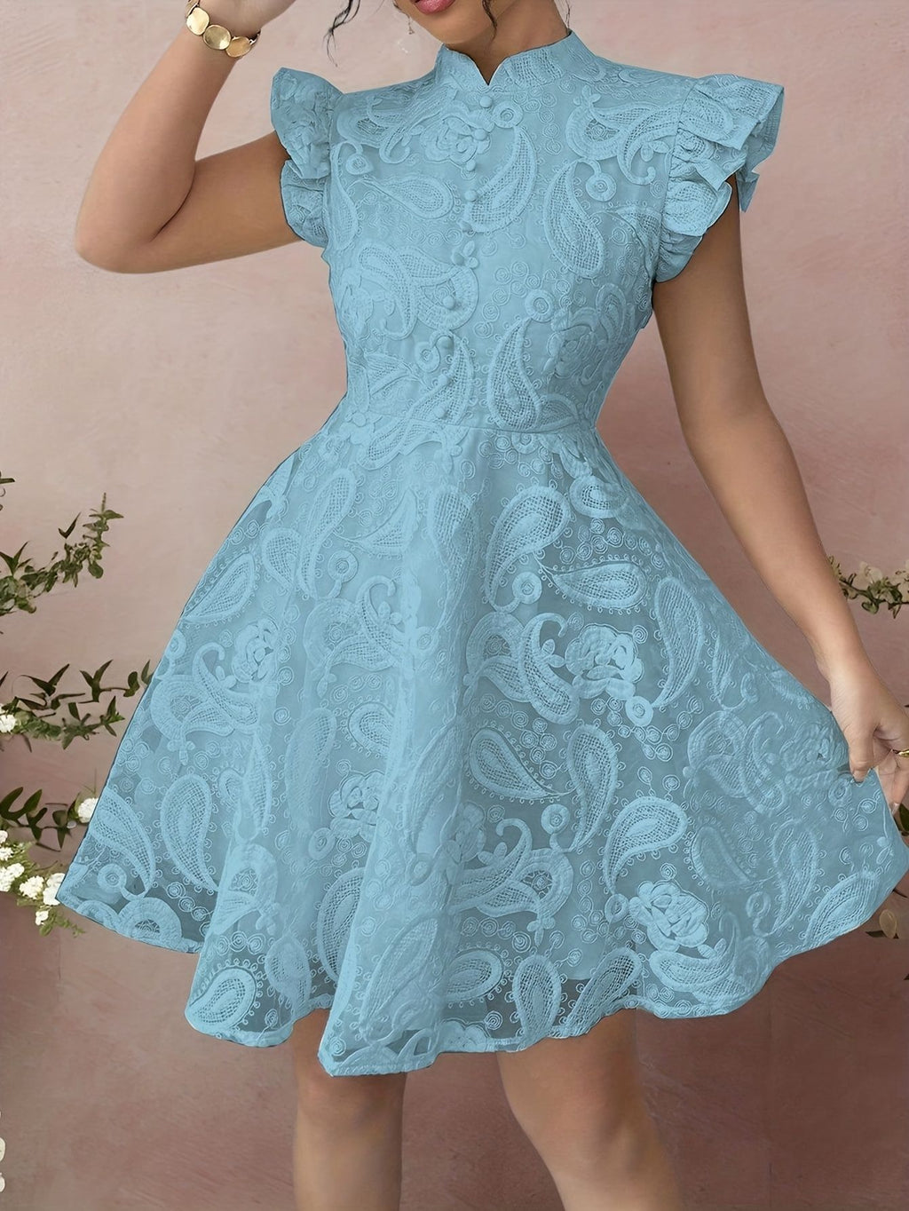 Lace Stand-collar Mini-sleeve Dress For Women by Ricaloux