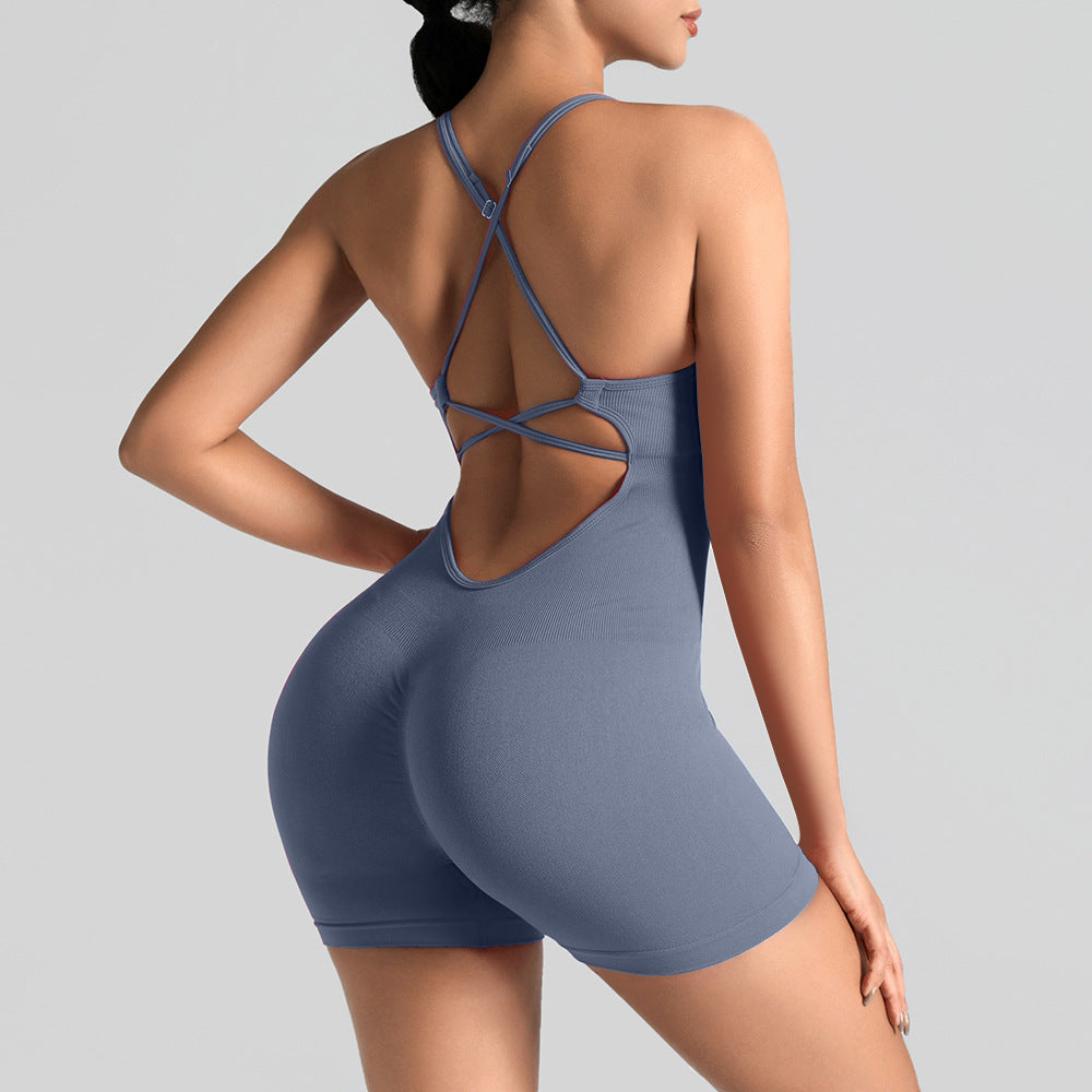 Seamless One-Piece Yoga Jumpsuit, Outdoor Back-Support Sports Bra, Peach Butt Fitness Outfit, Strappy Skin-Tight Bodysuit by Ricaloux