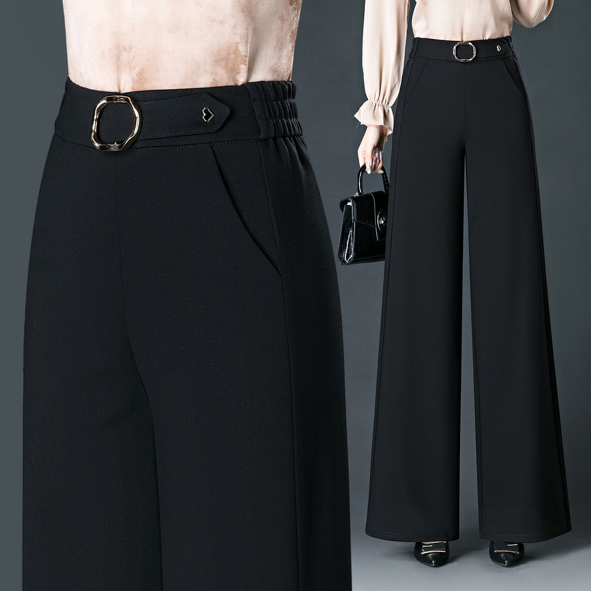 Spring Womens New Arrival Loose-fitting Straight-leg Versatile Black Wide-leg Pants by Ricaloux