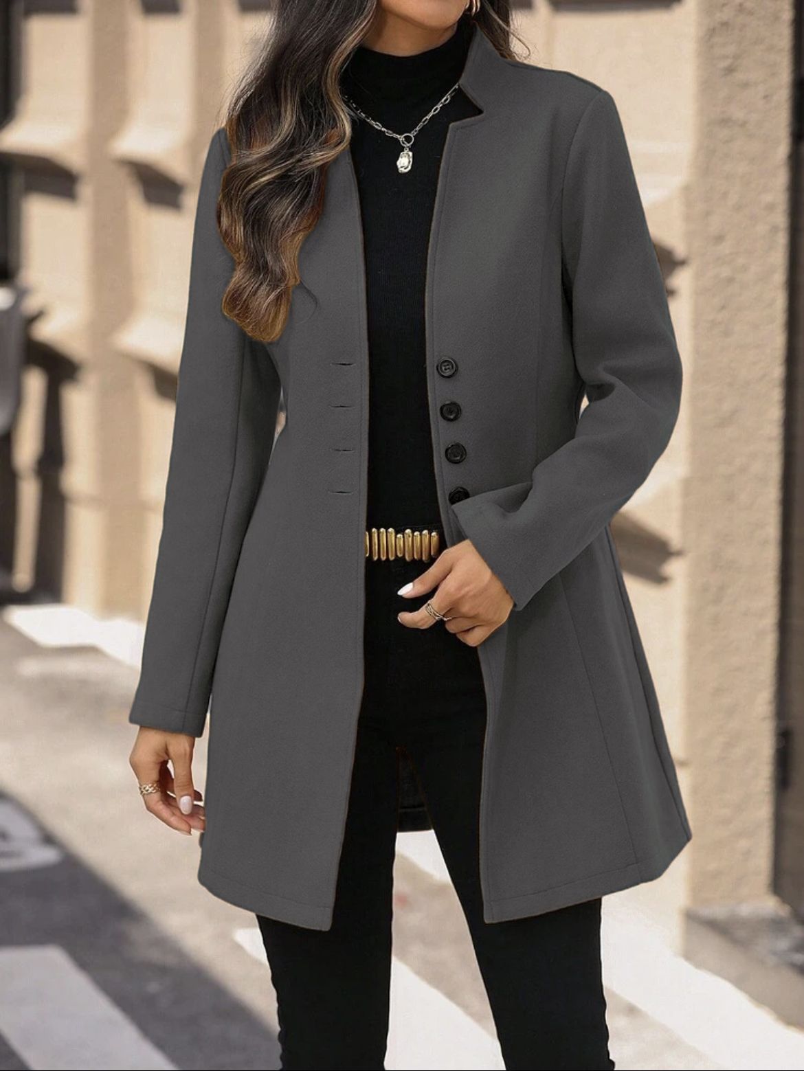 Elegant Wool Stand-collar Trench Coat Mid-length Style For Women by Ricaloux