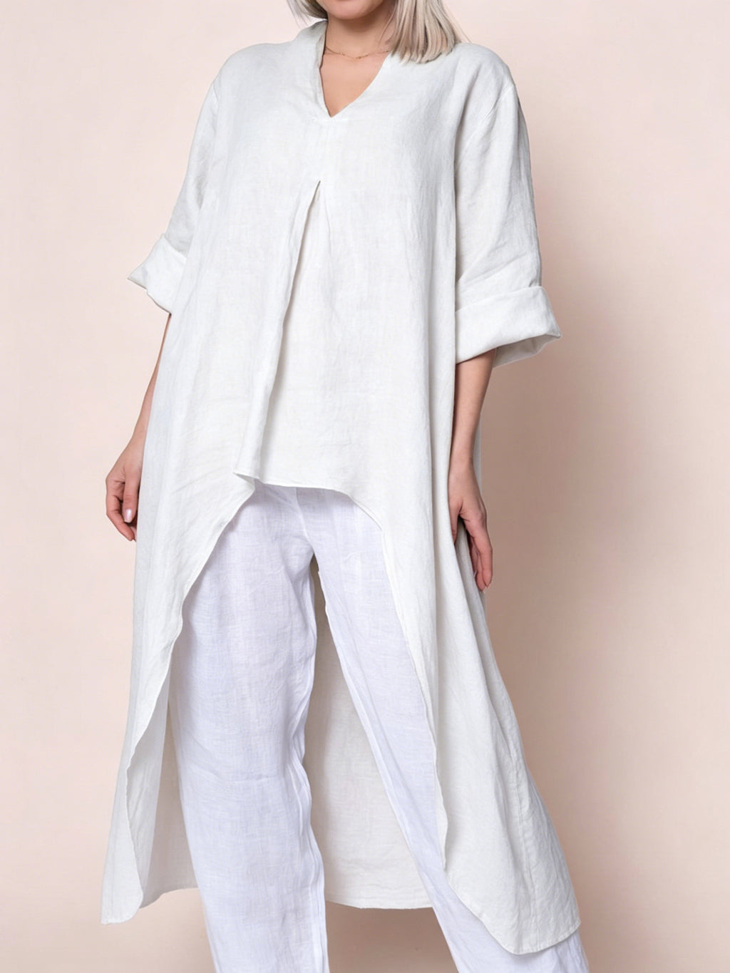 Womens Solid-Color V-Neck Asymmetric Long-Sleeve Shirt by Ricaloux