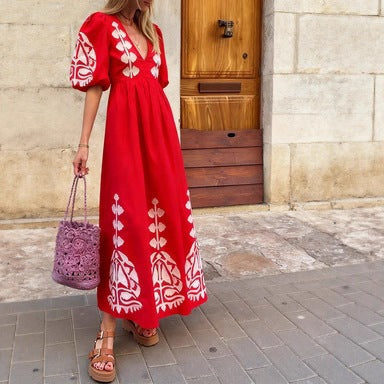 Womens Loose-fitting Casual Dress With Puff Sleeves And A Back-cutout Design by Ricaloux