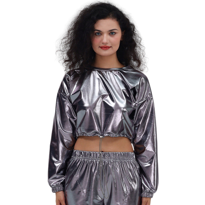 Long Sleeve Round Neck Drawstring Embossed Shiny Leather Sweatshirt – Premium 0 | RICALOUX