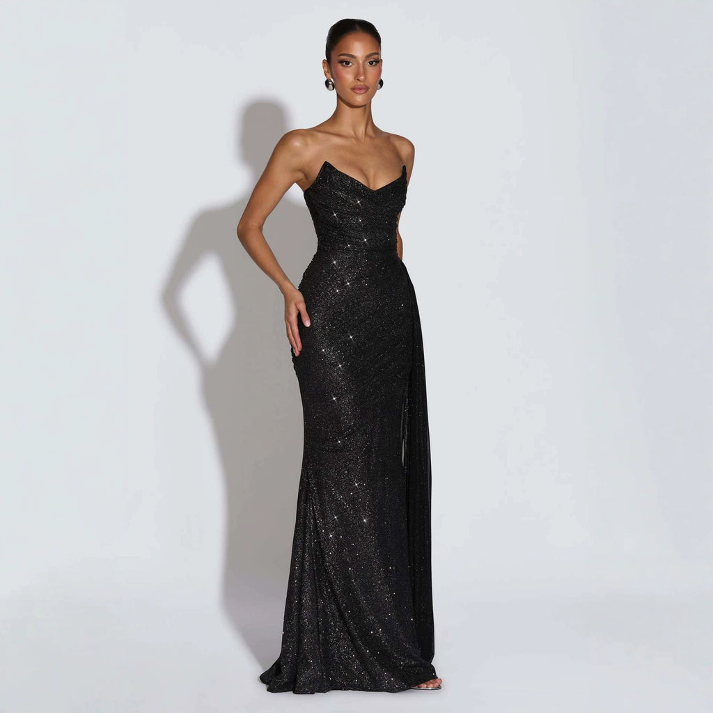 European And American-style Shimmering Strapless Waist-cinching Maxi Evening Gown With Crisscross Detailing by Ricaloux
