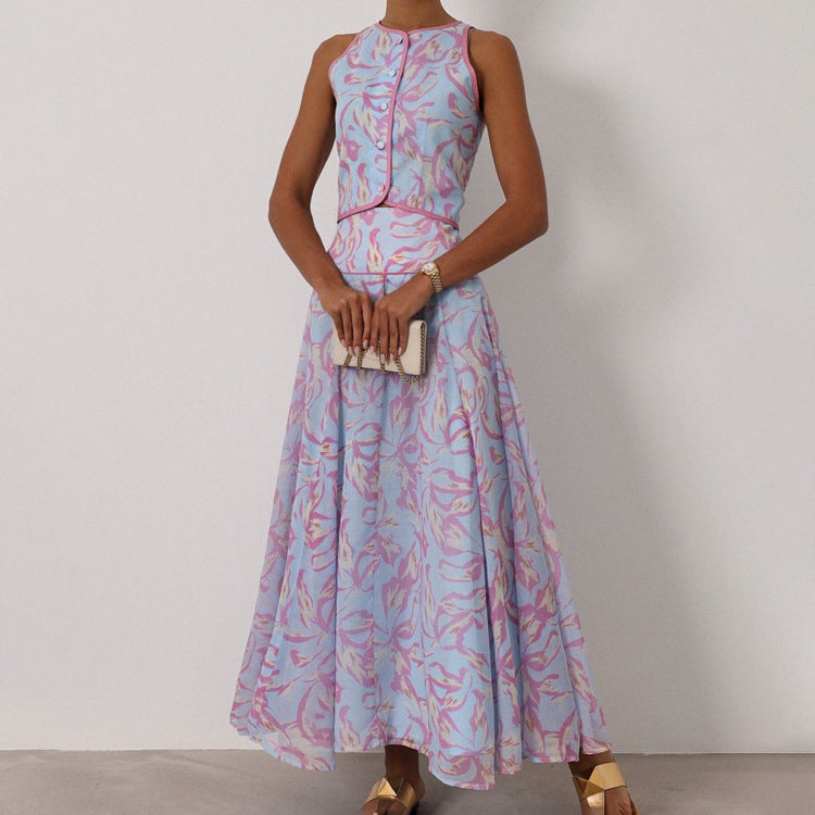 Abstract Print Sleeveless Crop Vest & Flared Midi Skirt 2-Piece Set – Premium 4 | RICALOUX