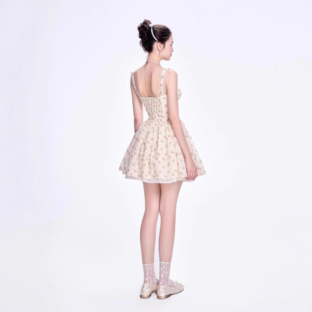 Floral Lace-trimmed Pleated Waist-cinching Dress by Ricaloux