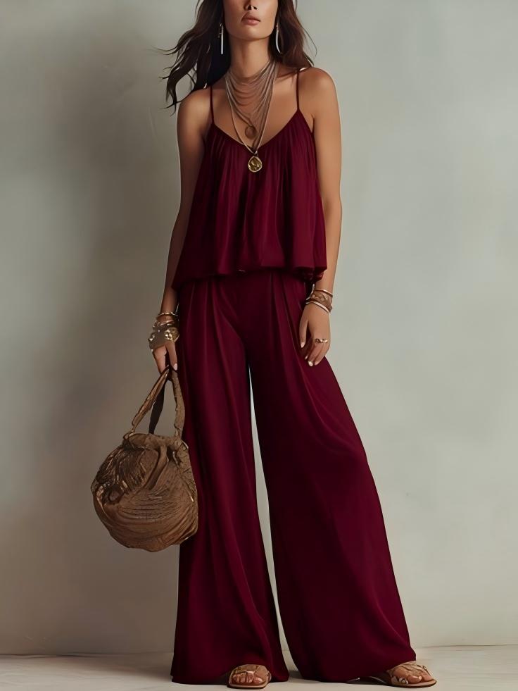 Square Neck Loose Cami Crop Top & High Waist Flowy Wide Leg Pants Two Piece Vacation Outfit Set – Premium 4 | RICALOUX