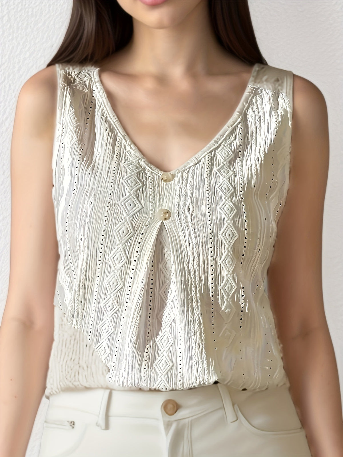 Women's V-Neck Sleeveless Eyelet Embroidered Tank Top - Casual Button Front Loose Fit Blouse – Premium 4 | RICALOUX