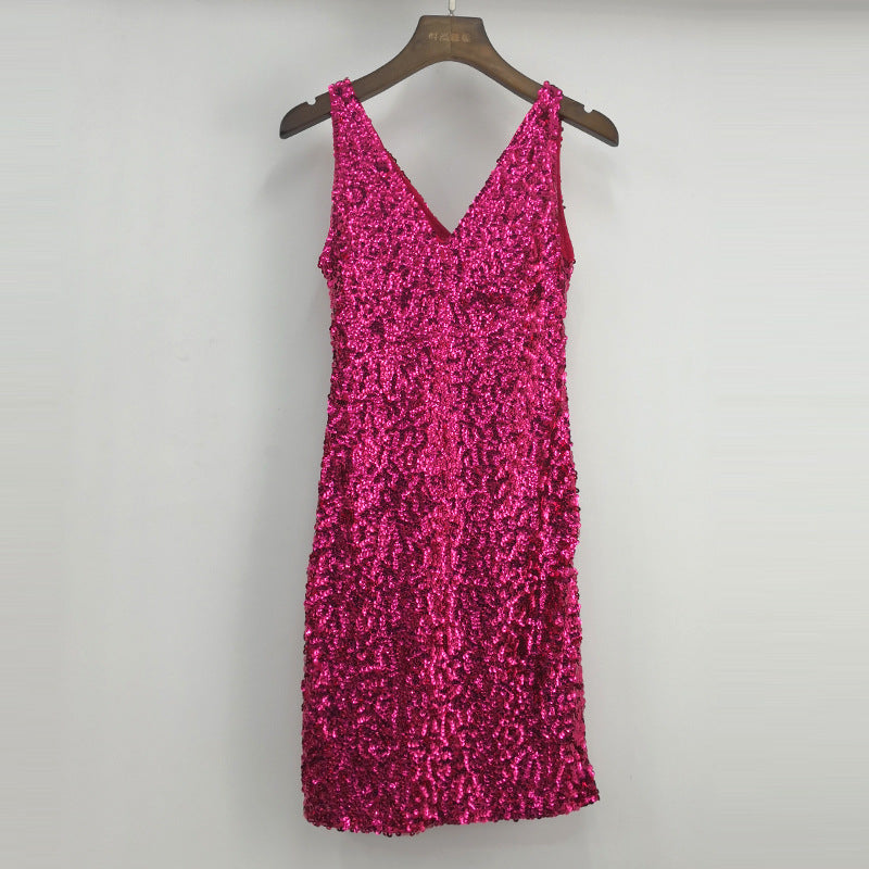 V-neck Performance Stage Outfit Sequined Sleeveless Dress by Ricaloux