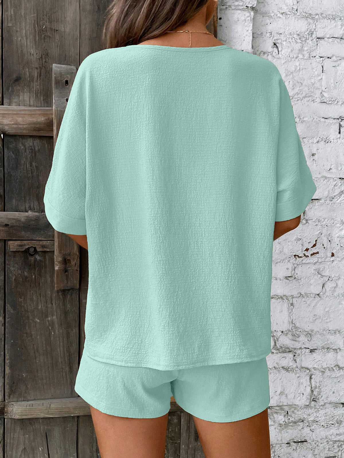 Women's Textured V-Neck Short Sleeve Top & Drawstring Shorts Two Piece Set - Casual Loose Loungewear Set by Ricaloux