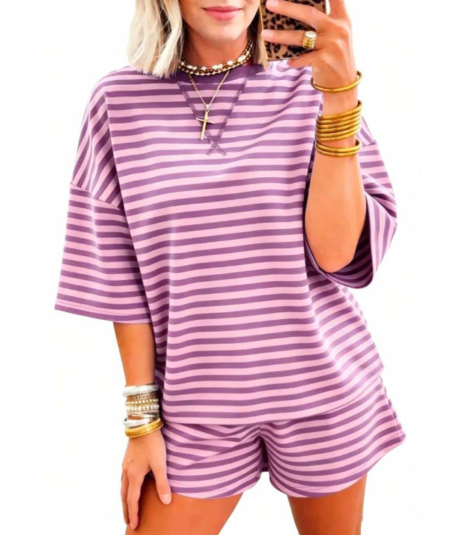 Womens Short-Sleeve Striped Print Two-Piece Set by Ricaloux