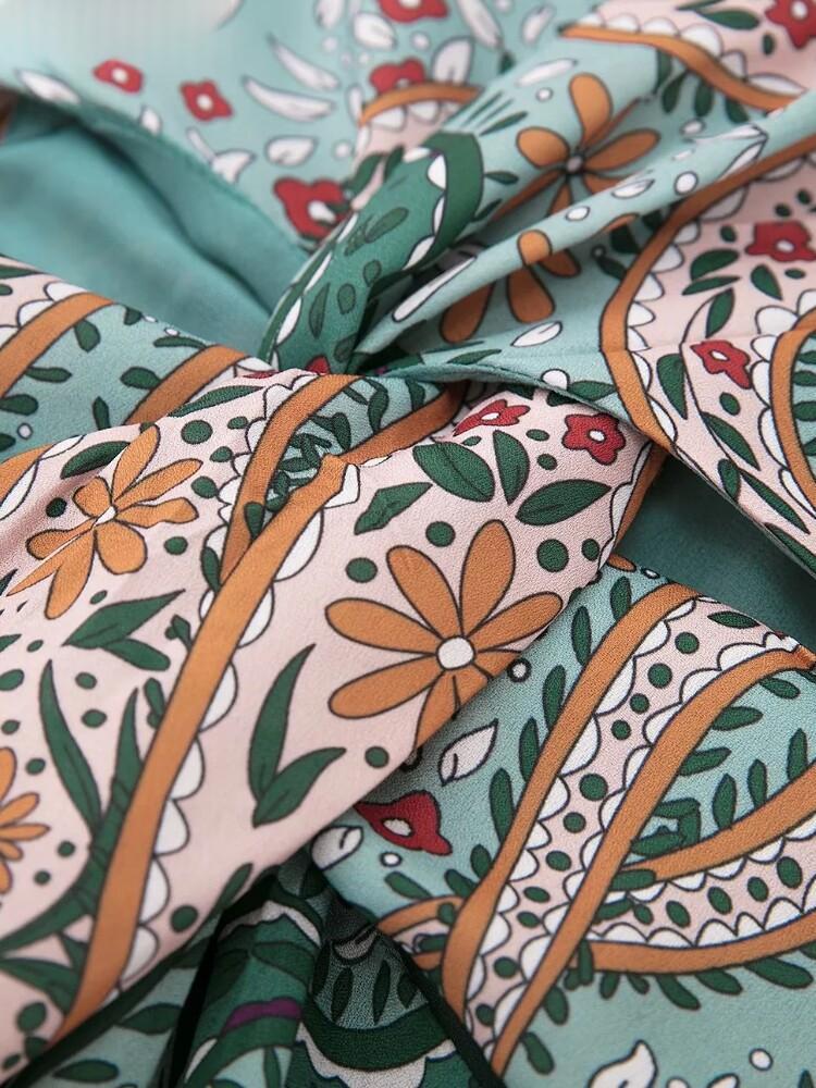 Womens Vintage V-Neck Pistachio-Print Chiffon Dress by Ricaloux