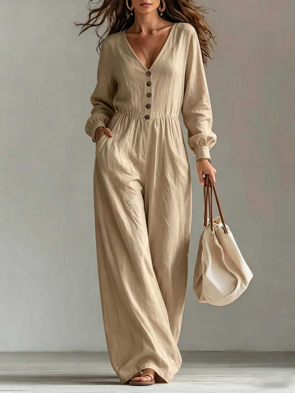 New Autumnwinter Casual Chic Womens V-neck Long-sleeve Jumpsuit With Pockets – Premium 0 | RICALOUX