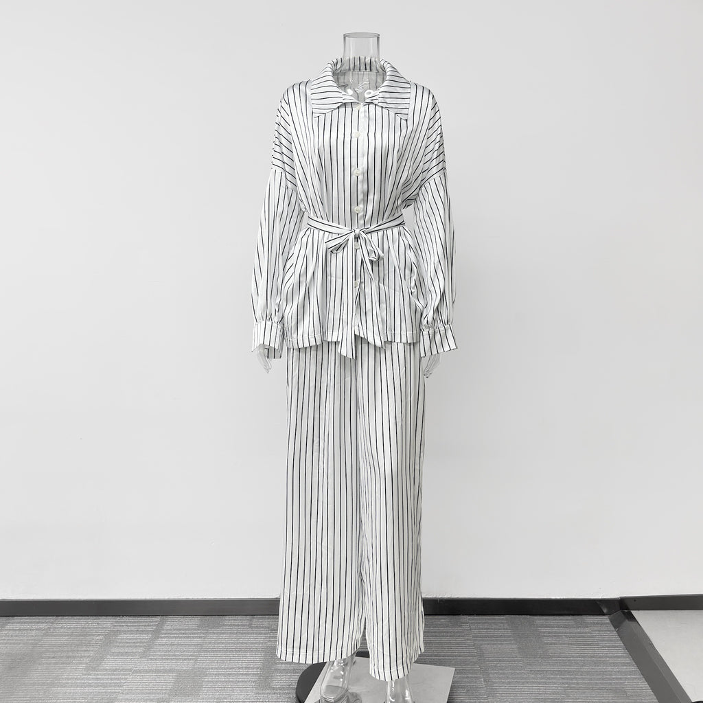 Fashionable Striped Long-sleeve Shirt Cardigan And Wide-leg Pants Two-piece Set by Ricaloux