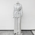 Fashionable Striped Long-sleeve Shirt Cardigan And Wide-leg Pants Two-piece Set by Ricaloux