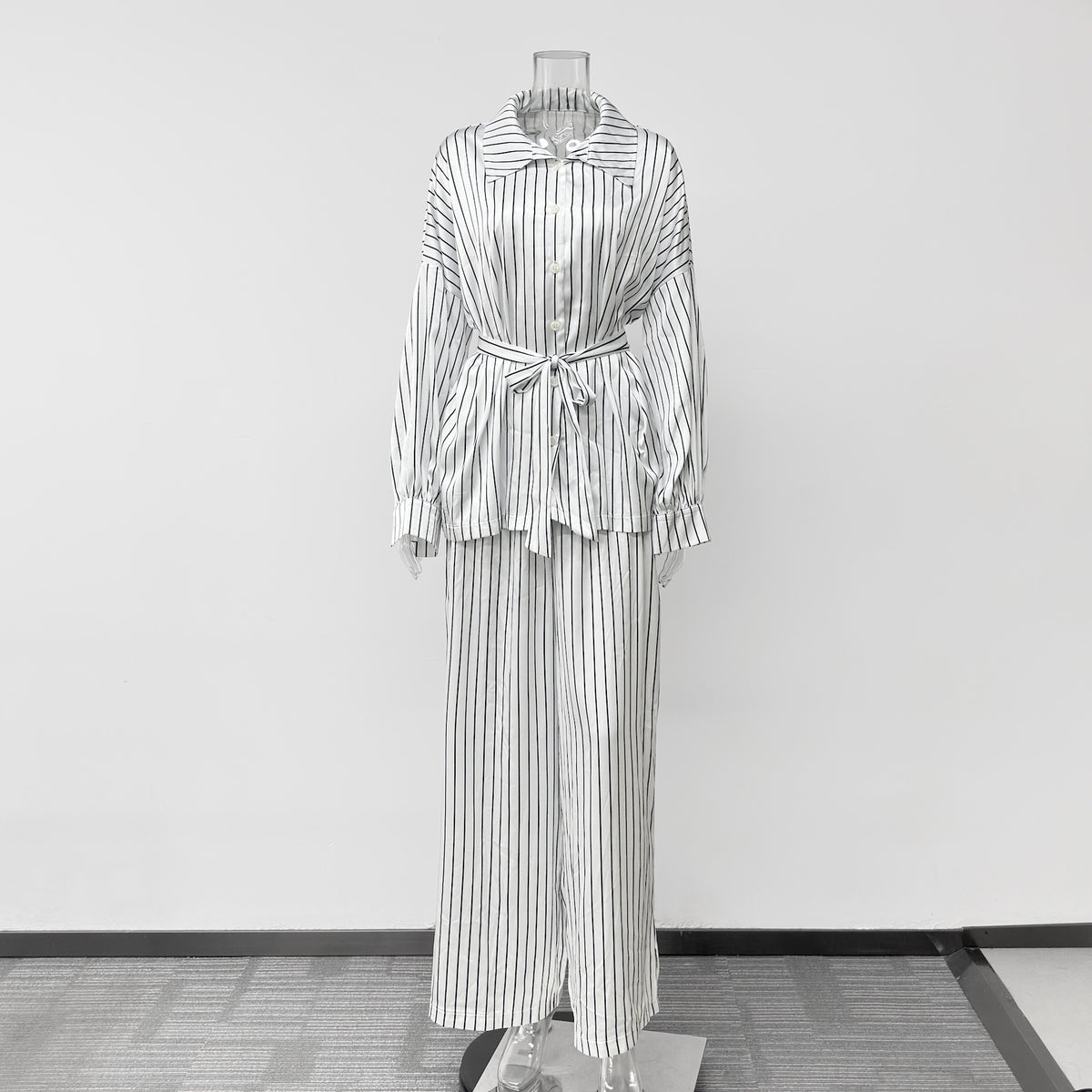 Fashionable Striped Long-sleeve Shirt Cardigan And Wide-leg Pants Two-piece Set by Ricaloux