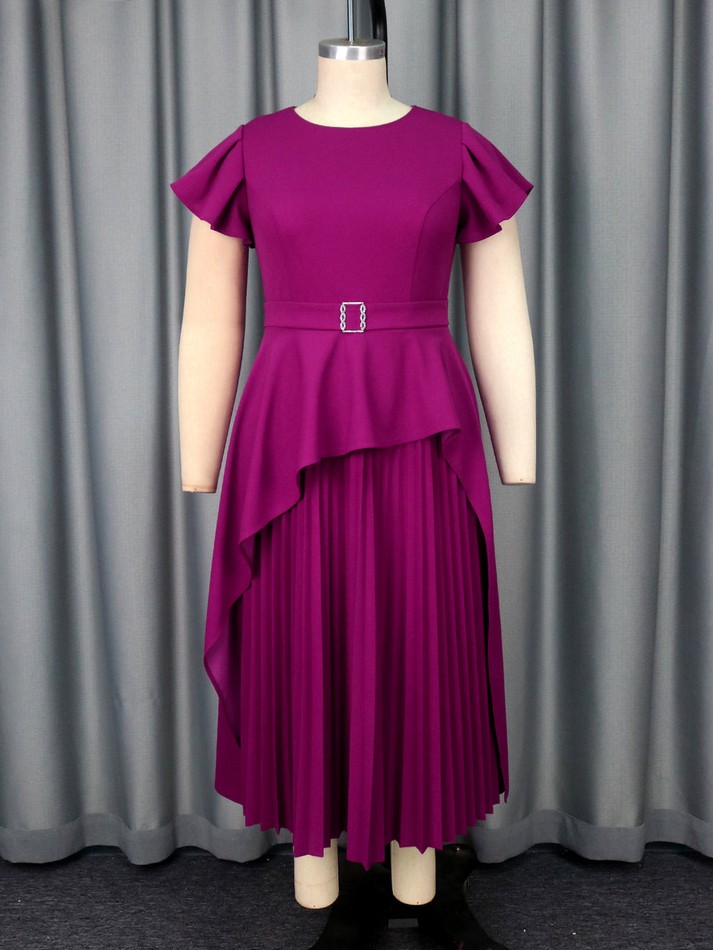 Women's Round Neck Short Sleeve Ruffled Long Pleated Dress - RICALOUX