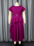 Women's Round Neck Short Sleeve Ruffled Long Pleated Dress - RICALOUX