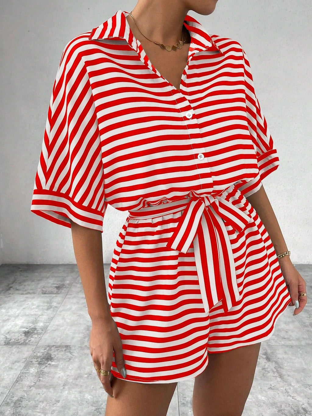 Women's Short Sleeve Striped Short Jumpsuit, Button Front Design With Waist Belt – Premium 4 | RICALOUX