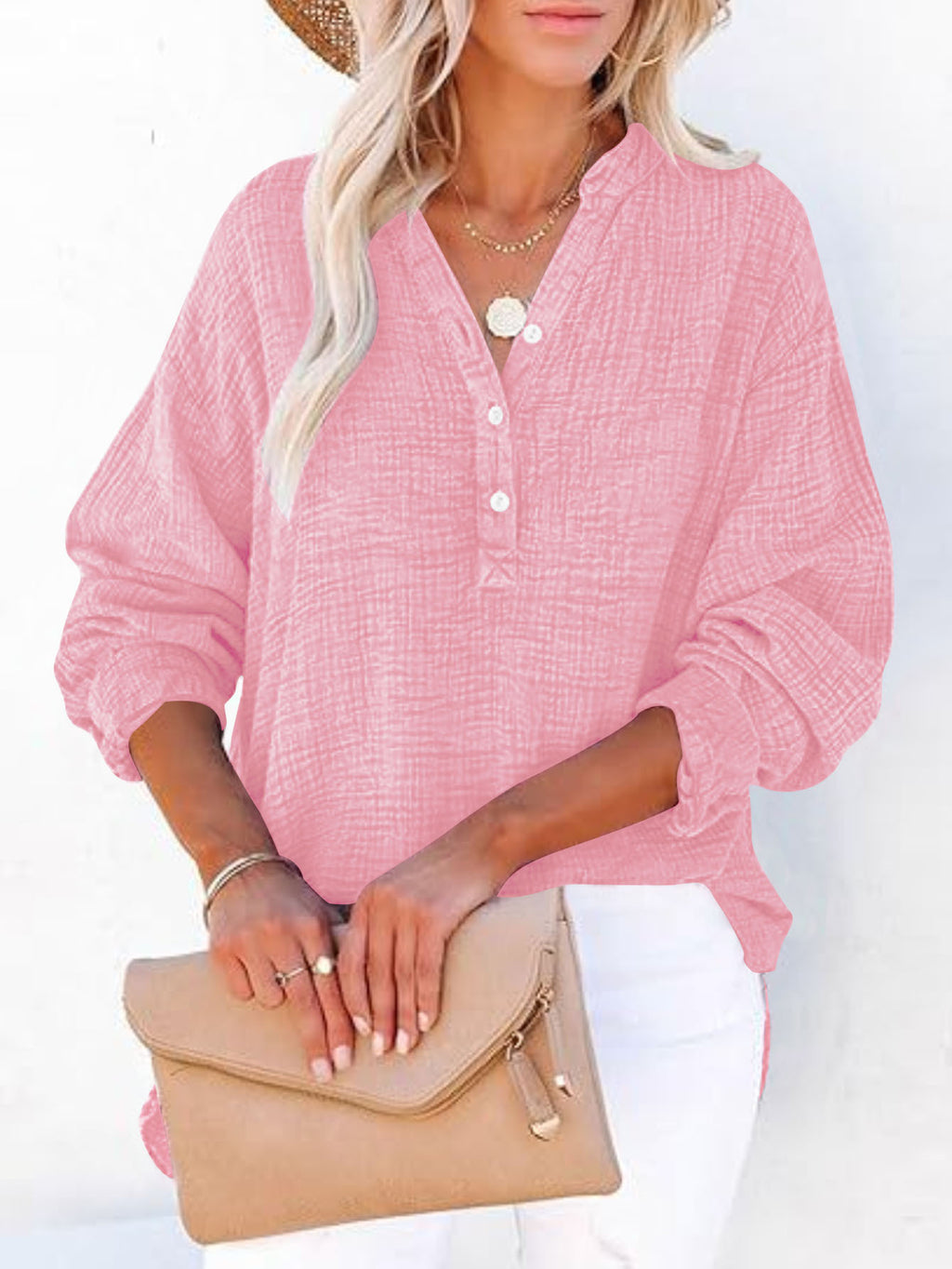 Women's Casual V-Neck Long Sleeve Blouse - Loose Fit Textured Cotton Henley Shirt For Summer – Premium 4 | RICALOUX