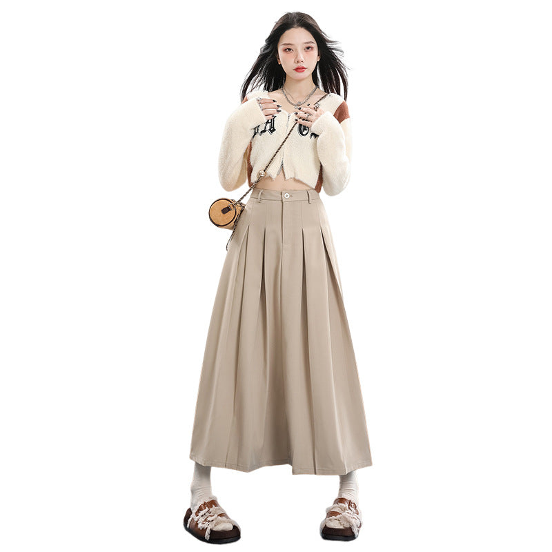 Khaki High-waisted Midi Pleated Skirt Womens Skirt by Ricaloux