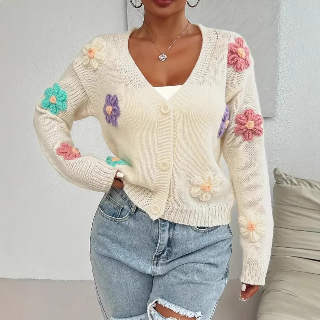 Womens Knitted Cardigan With Three-dimensional Floral Pattern And Hand-embroidered Flowers by Ricaloux