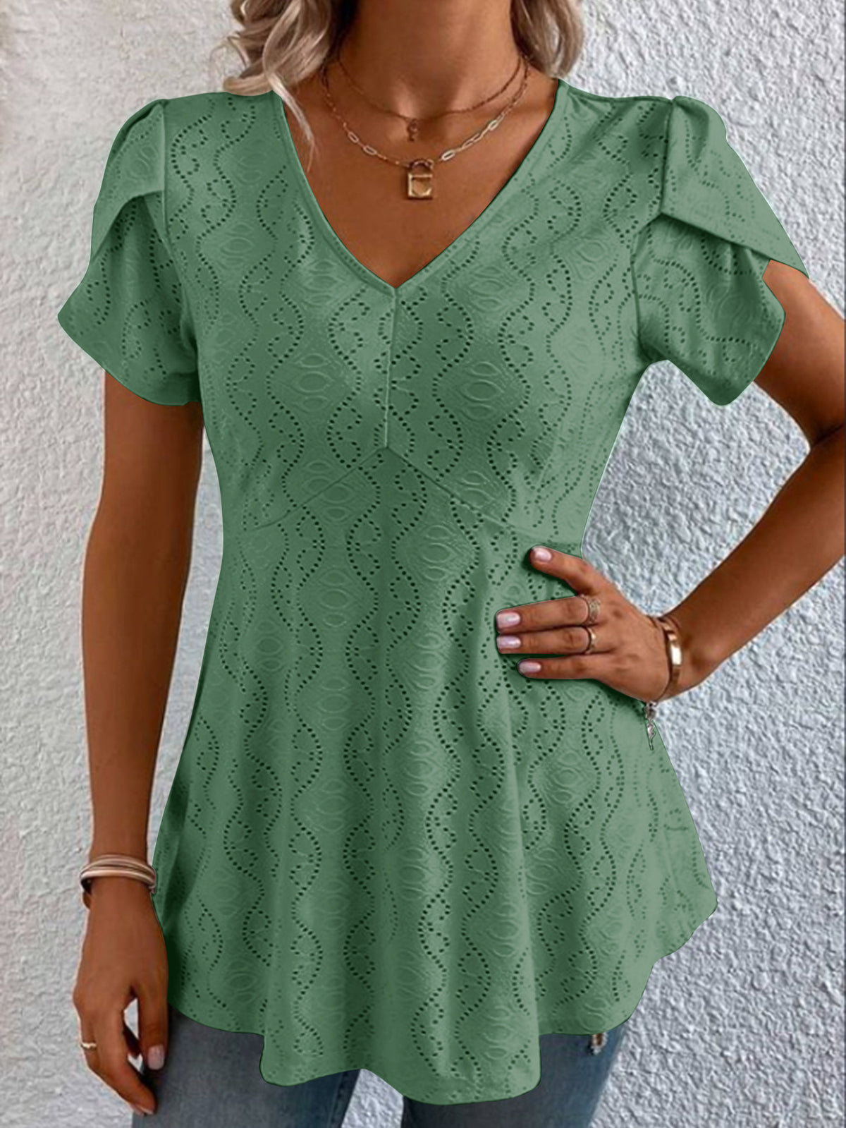 Solid-color V-neck Flutter-sleeve Casual by Ricaloux