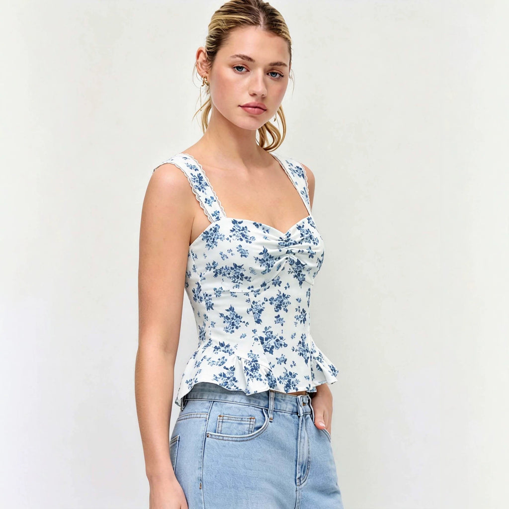 Summer New White-base Top With Blue Floral Print Strapless Style by Ricaloux